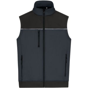 A grey and black work vest featuring a zip front, side pockets, and a high collar. It has a simple logo.