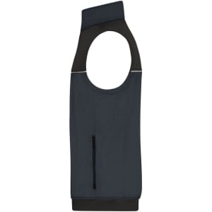 A dark navy work vest featuring an open design, a zippered pocket, and a contrasting collar. It has a logo.