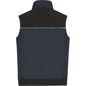 A navy and black work vest featuring a high collar and reflective detailing. The back is plain with no visible logos.