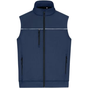 A navy blue work vest featuring a high collar, zip front, and multiple zippered pockets. It has a logo.