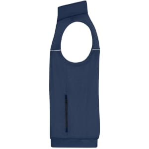 A navy blue work vest with an open arm design, featuring a side zip pocket and reflective trim.