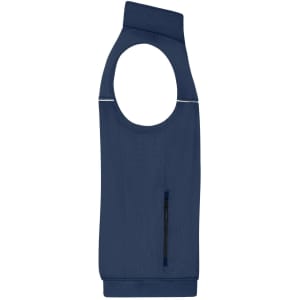 A navy blue work vest with an open arm design and a zippered pocket, featuring a logo.