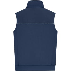 A navy blue work vest with a high neck and a reflective stripe across the back. It features a logo.