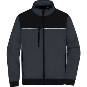 A grey and black hybrid workwear jacket featuring a front zip, side pockets, and a logo on the chest.
