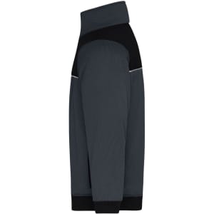 A side view of a hybrid workwear jacket featuring dark grey and black colours, with a logo displayed.