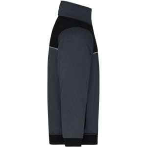 A side view of a grey Hybrid Workwear Jacket with black accents and a high collar. The jacket features a logo.