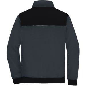 A black and dark grey workwear jacket featuring a sleek design and a logo on the back.