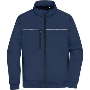 A navy work jacket featuring a zip closure, two front pockets, and a logo on the chest area.