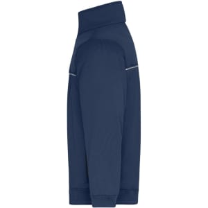 A navy blue Hybrid Workwear Jacket with a high collar and subtle zipper detail, featuring a logo.