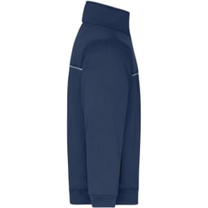 A navy workwear jacket with a high collar and reflective detailing on the side, featuring a logo.