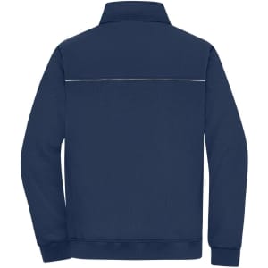 A navy workwear jacket featuring a collar and a reflective strip across the back. It has a logo on it.