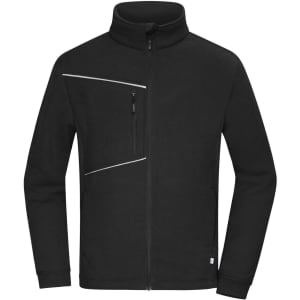 A black fleece jacket with a corduroy look, featuring a zippered chest pocket and a high collar.