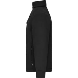 A black fleece jacket with a corduroy look, featuring a high collar and zippered pockets. It has a logo.