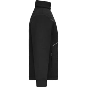 A black fleece jacket with a corduroy look, featuring a high collar and zippered pockets. It has a logo.