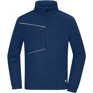 A navy fleece jacket featuring a zip-up front, high collar, and a zippered chest pocket. It has a logo on the side.