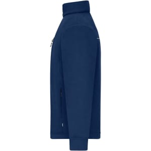 A navy fleece jacket with a corduroy look and a zippered pocket, featuring a subtle branding logo.