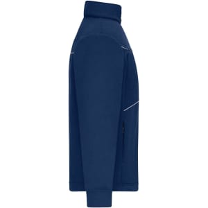 A navy fleece jacket with a corduroy look, featuring a high collar and a zip pocket. It has a logo.