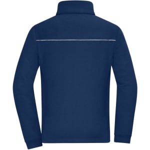 A navy fleece jacket with a high collar and a reflective stripe across the back. It features a logo on the garment.