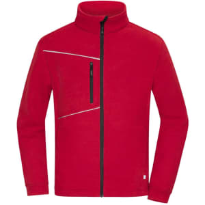 A red fleece jacket with a corduroy look features a zippered chest pocket and a high collar. It includes a logo.