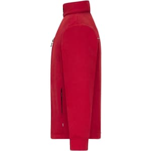 A side view of a red fleece jacket with a corduroy look, featuring a zip pocket and a collar.