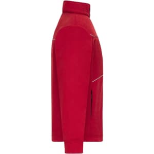 A red fleece jacket with a corduroy look, featuring a high collar and side zip pockets. It has a logo.