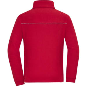 A red fleece jacket with a corduroy look and a collar, featuring a reflective strip across the back.