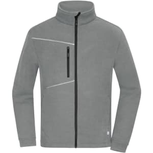 A fleece jacket in grey with a zip front, high collar, and a zippered pocket on the chest. Features a logo.