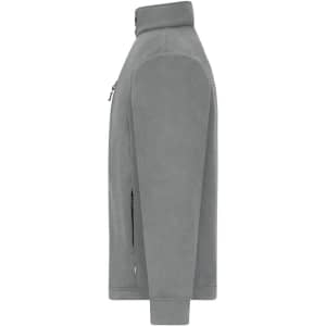 A grey fleece jacket with a corduroy look and two side zip pockets. It has a stand-up collar and features a logo.