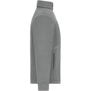 A fleece jacket in a grey corduroy look, featuring a high collar and zippered pocket, with a logo.