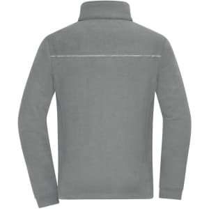 A grey fleece jacket with a corduroy look, featuring a collar and a reflective strip on the back.
