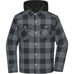A grey and black check shirt jacket featuring a hood and front pockets, designed for workwear.