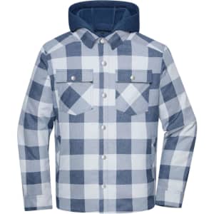 A check shirt jacket in varying shades of blue and white, featuring a hoodie and two chest pockets.