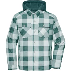 A check shirt jacket in shades of green and white, featuring a hood and front pockets. It has a branded logo.