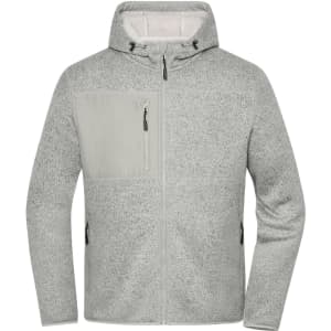 A knitted fleece jacket in light grey with a front pocket and hood, featuring a logo on it.