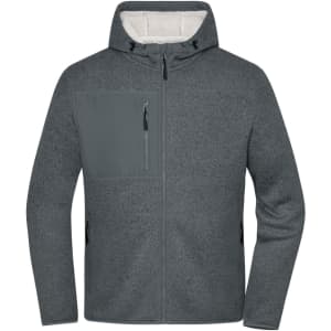 A grey knitted fleece jacket with a hood and a zippered chest pocket, featuring a logo on the chest.