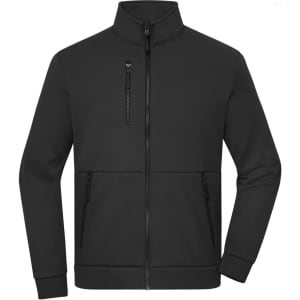 A black fleece jacket featuring a zip-up design, with front pockets and a high collar. It has a logo on the chest.