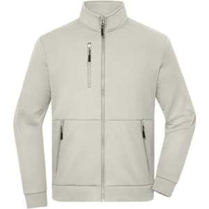 A light grey fleece jacket featuring a high collar, zipped front, and multiple zippered pockets. It has a logo on it.