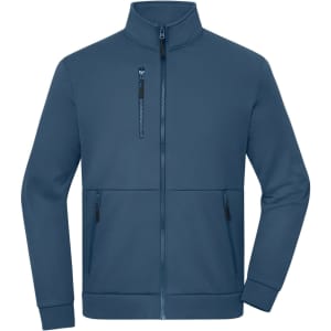 A blue fleece jacket featuring a high collar and multiple zippered pockets, including one on the chest.