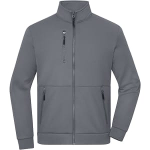 A grey fleece jacket with a full zip, high collar, and multiple zippered pockets. It features branding on the sleeve.