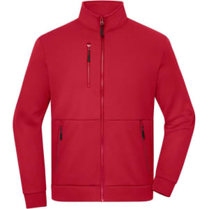A red fleece jacket with a high collar and multiple zippered pockets, featuring a logo on the chest.
