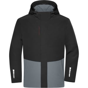 A hardshell rainjacket featuring a black upper section and grey lower section, with a logo on the front.
