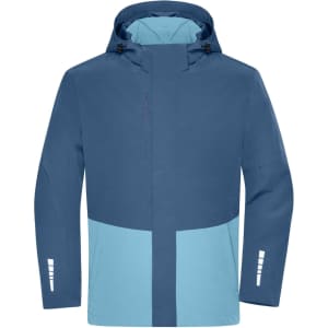 A blue and light blue hardshell rainjacket with a hood and branding on the sleeve.