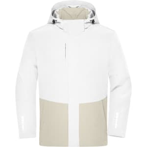 A white and beige hardshell rainjacket with a hood and adjustable features. It has a logo on the design.