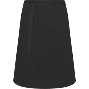 A black apron with a tied waist, featuring a simple, classic design. It includes a logo.