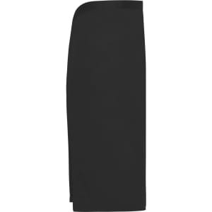 A black apron featuring a sleek, short design. It includes a logo or branding on the fabric.