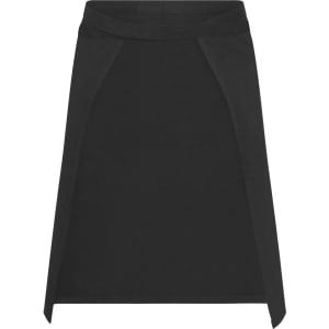A black apron with a sleek design, featuring angled side panels and a subtle logo. Suitable for workwear.