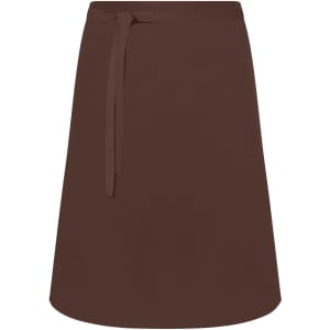 A brown apron with a tie waist, featuring a simple design and a curved hem. It has a logo on it.