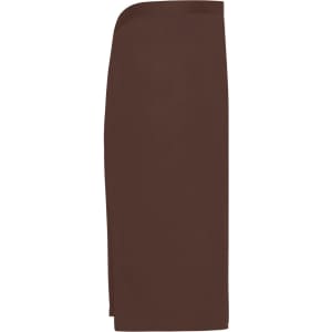 A brown apron with a sleek design, featuring a side slit and a logo on the fabric.