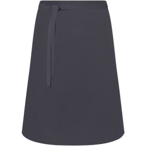 A dark grey apron with a tie waistband, featuring a simple and classic design.