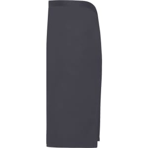 A dark grey apron with a sleek design, featuring a side slit and a logo.